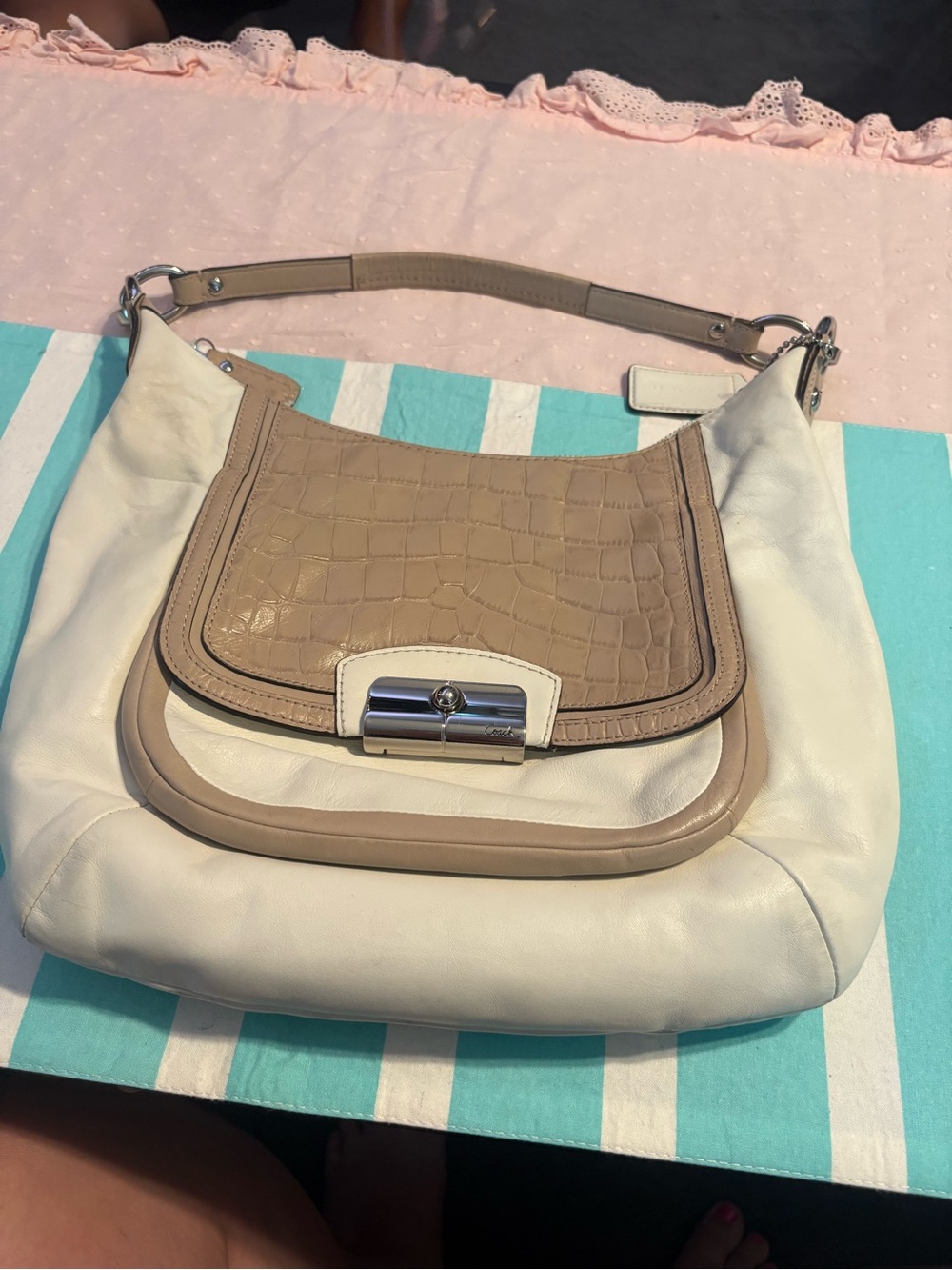 Coach Cream and Taupe Leather Shoulder Bag